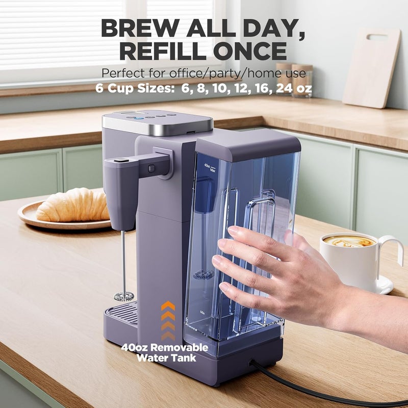 Tastyle Single Serve Coffee Maker with Built-in Detachable Milk Frother, Iced and Hot Coffee Machine for K Cup & Grounds, 40oz Removable Water Reservoir, 6 Cup Sizes, Fits 7.3" Travel Mug, Purple - Image 5